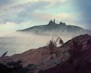 Preview wallpaper hill, castle, fog, mountains, art