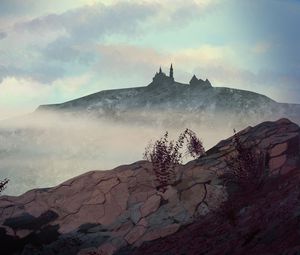 Preview wallpaper hill, castle, fog, mountains, art