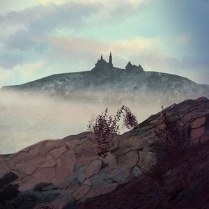 Preview wallpaper hill, castle, fog, mountains, art