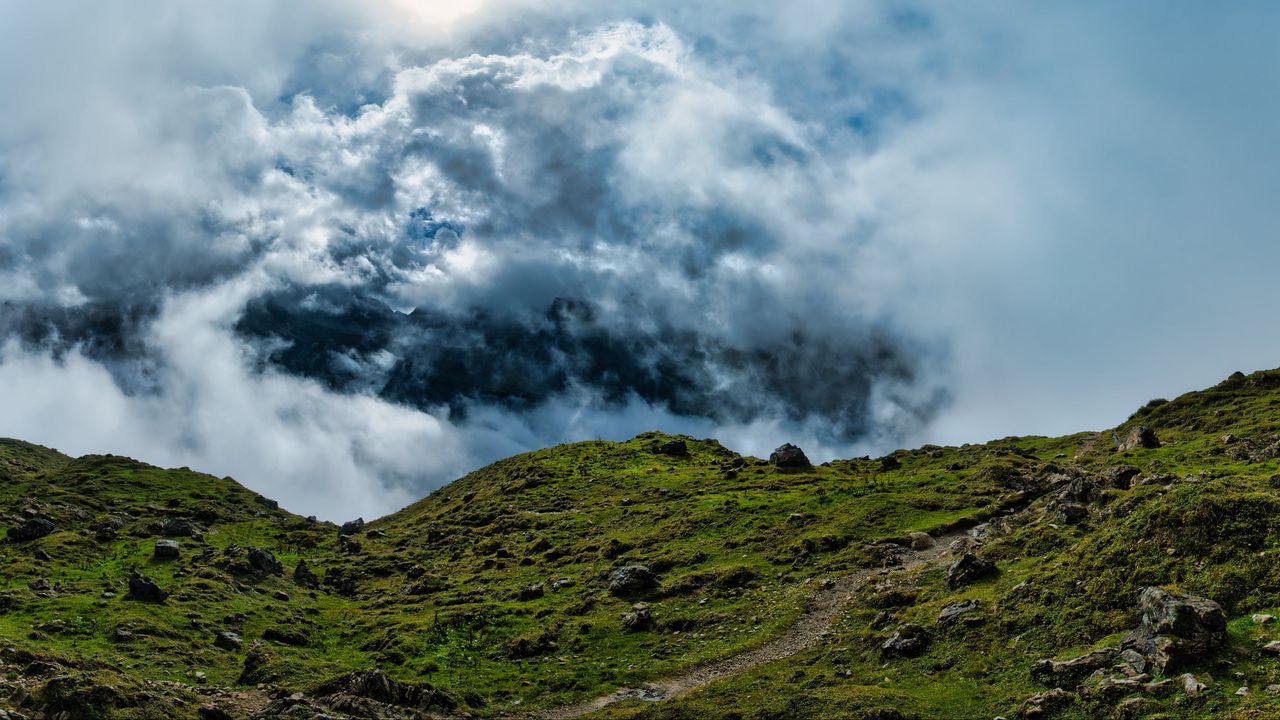 Wallpaper hill, field, stones, clouds, sky, landscape