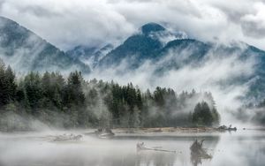 Preview wallpaper hill, fog, lake, forest, trees