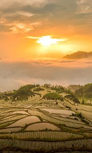 Preview wallpaper hill, fog, sunset, landscape