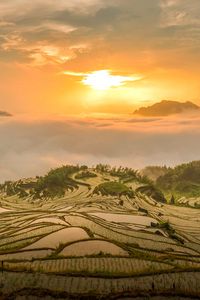 Preview wallpaper hill, fog, sunset, landscape