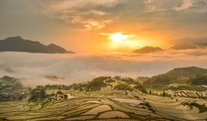 Preview wallpaper hill, fog, sunset, landscape
