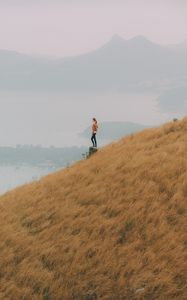 Preview wallpaper hill, girl, view, bay, fog