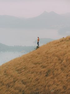 Preview wallpaper hill, girl, view, bay, fog