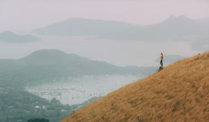 Preview wallpaper hill, girl, view, bay, fog