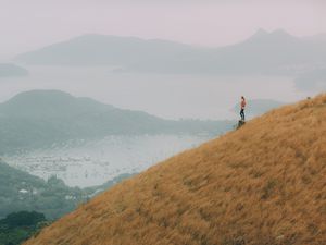 Preview wallpaper hill, girl, view, bay, fog