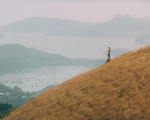 Preview wallpaper hill, girl, view, bay, fog