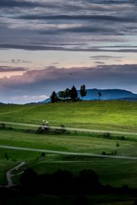 Preview wallpaper hill, grass, trees, road, sky
