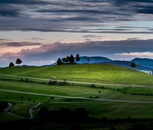 Preview wallpaper hill, grass, trees, road, sky