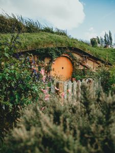 Preview wallpaper hill, house, cave, door, flowers