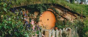 Preview wallpaper hill, house, cave, door, flowers