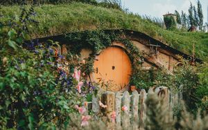 Preview wallpaper hill, house, cave, door, flowers