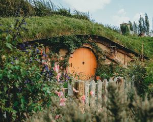 Preview wallpaper hill, house, cave, door, flowers