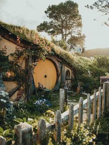 Preview wallpaper hill, house, cave, door, round