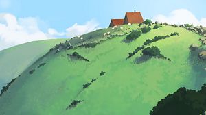 Preview wallpaper hill, house, stones, bush, art