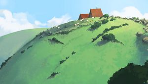Preview wallpaper hill, house, stones, bush, art
