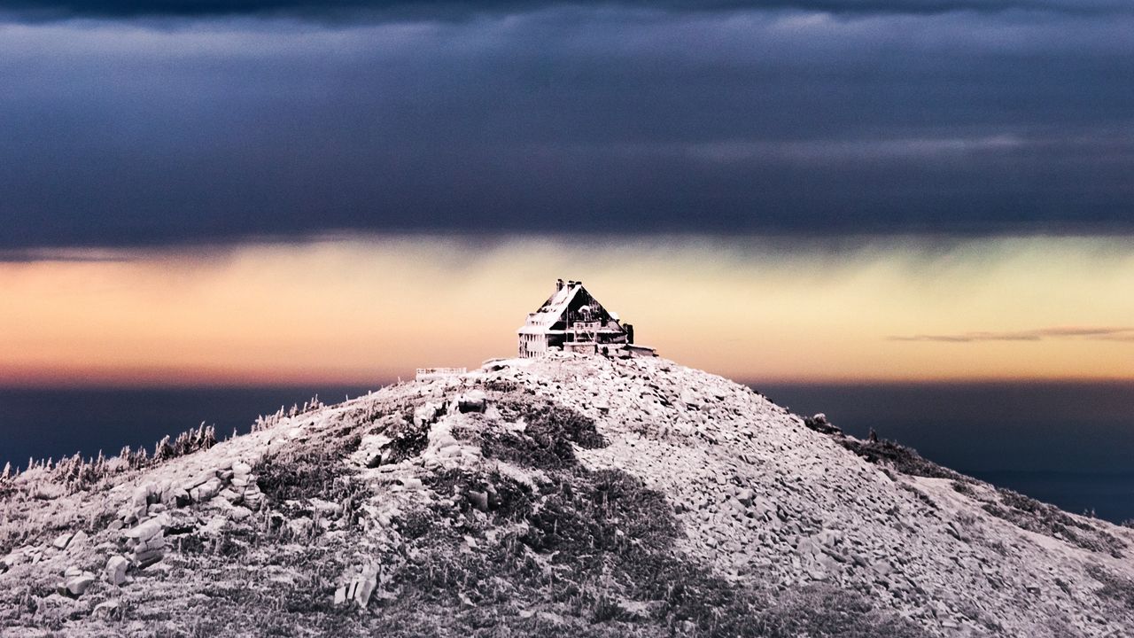 Wallpaper hill, hut, snow, winter, nature