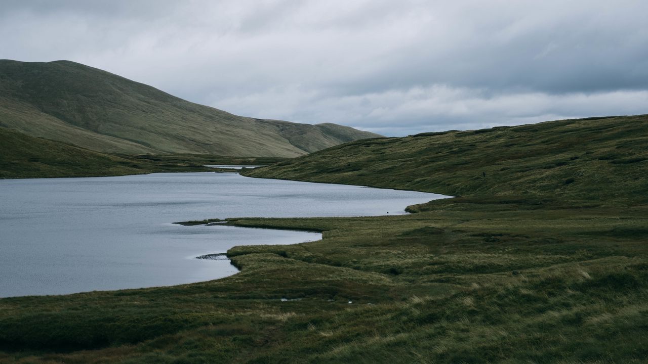 Wallpaper hill, lake, shore, grass