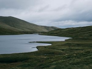 Preview wallpaper hill, lake, shore, grass