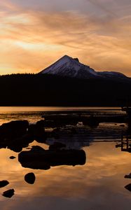 Preview wallpaper hill, mountain, forest, lake, stones, twilight, dark