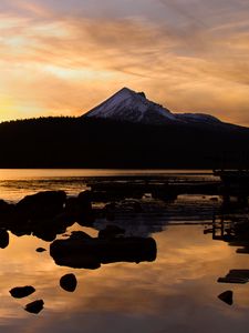 Preview wallpaper hill, mountain, forest, lake, stones, twilight, dark