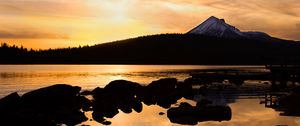 Preview wallpaper hill, mountain, forest, lake, stones, twilight, dark