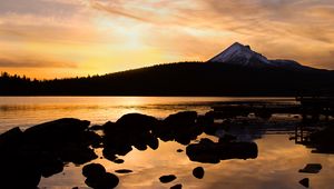 Preview wallpaper hill, mountain, forest, lake, stones, twilight, dark