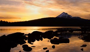 Preview wallpaper hill, mountain, forest, lake, stones, twilight, dark