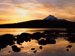 Preview wallpaper hill, mountain, forest, lake, stones, twilight, dark