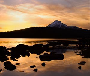 Preview wallpaper hill, mountain, forest, lake, stones, twilight, dark