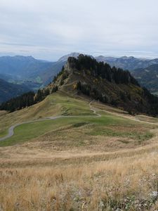 Preview wallpaper hill, mountain, slope, valley, grass, trees, landscape