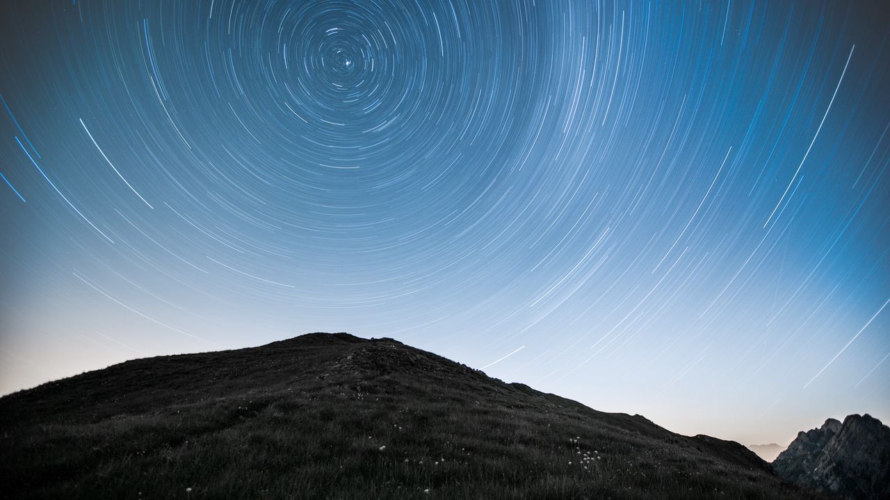 Wallpaper hill, mountains, starry sky, long exposure, stars, motion