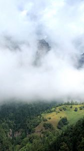 Preview wallpaper hill, mountains, trees, fog, clouds, landscape