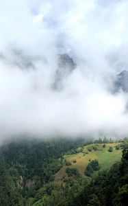 Preview wallpaper hill, mountains, trees, fog, clouds, landscape