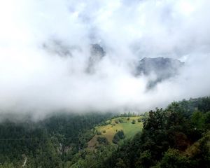 Preview wallpaper hill, mountains, trees, fog, clouds, landscape
