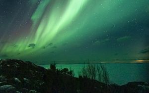 Preview wallpaper hill, northern lights, night, lake