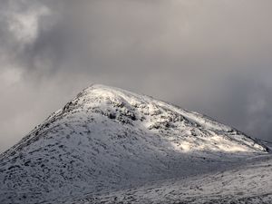 Preview wallpaper hill, peak, snowy, sky, clouds, gray