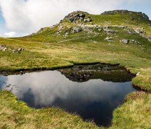 Preview wallpaper hill, relief, water, reflection, nature, landscape