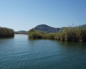 Preview wallpaper hill, river, grass, nature, landscape