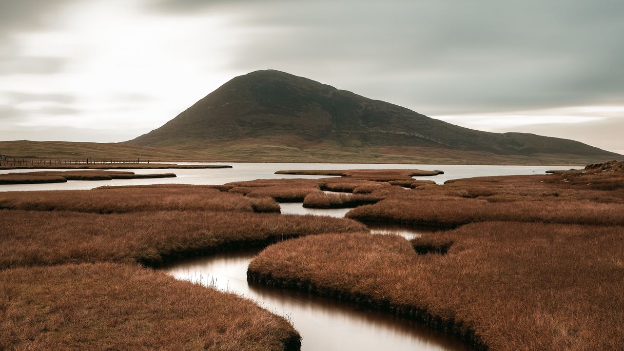 Wallpaper hill, river, grass, withered