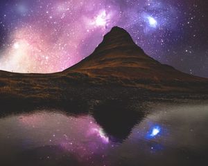 Preview wallpaper hill, river, reflection, starry sky, iceland