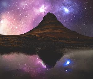 Preview wallpaper hill, river, reflection, starry sky, iceland