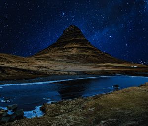 Preview wallpaper hill, river, starry sky, night