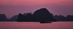 Preview wallpaper hill, rocks, sea, evening, pink