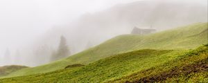 Preview wallpaper hill, slope, grass, house, fog