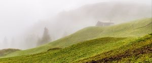 Preview wallpaper hill, slope, grass, house, fog