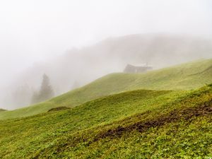 Preview wallpaper hill, slope, grass, house, fog