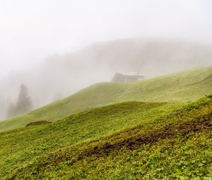 Preview wallpaper hill, slope, grass, house, fog